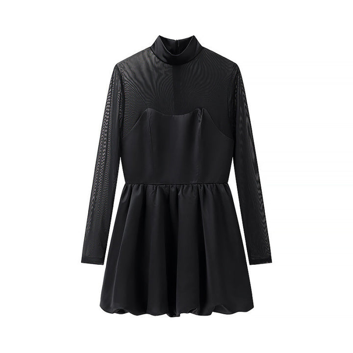 Women's short mesh overlay skater dress with high collar and fitted corset Mune Fashion