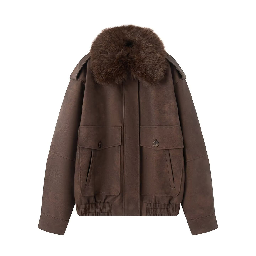 Women short-cut bomber jacket with voluminous faux fur collar and applied flap pockets Mune Fashion