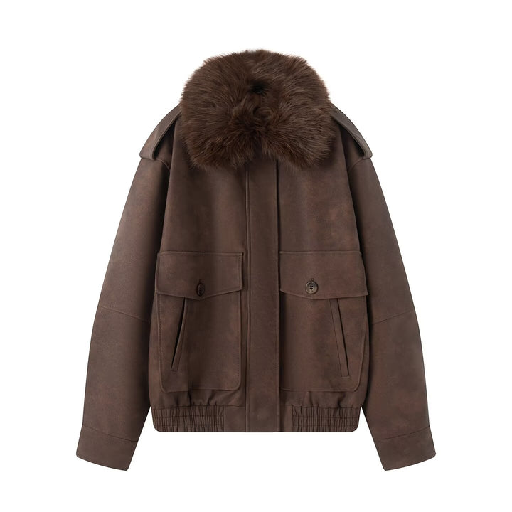 Women short-cut bomber jacket with voluminous faux fur collar and applied flap pockets Mune Fashion