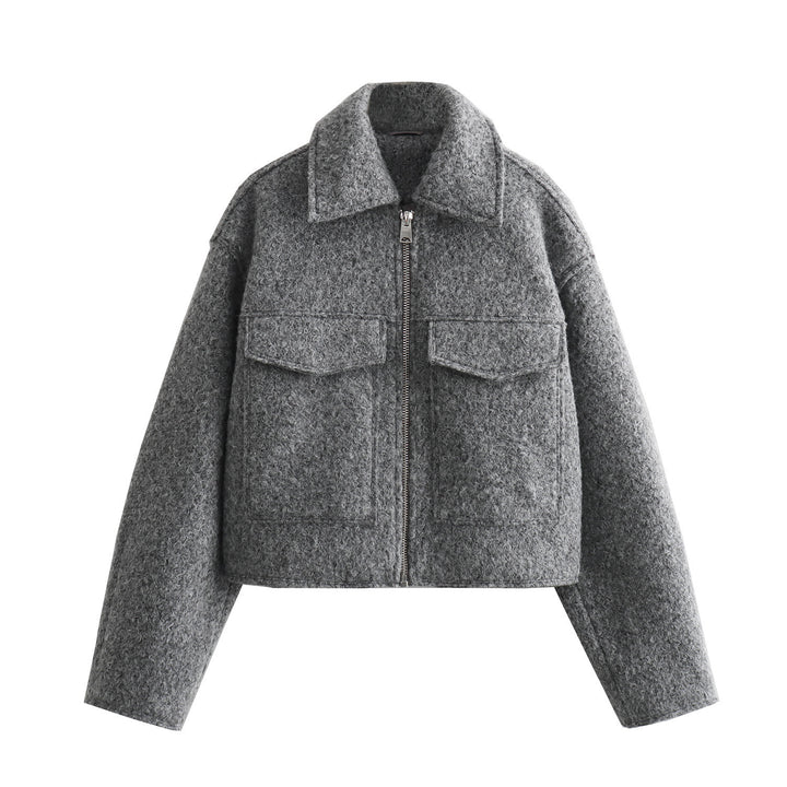 Women Short Boucle Jacket in Boxy Cut with Zip and Flap Pockets Mune Fashion