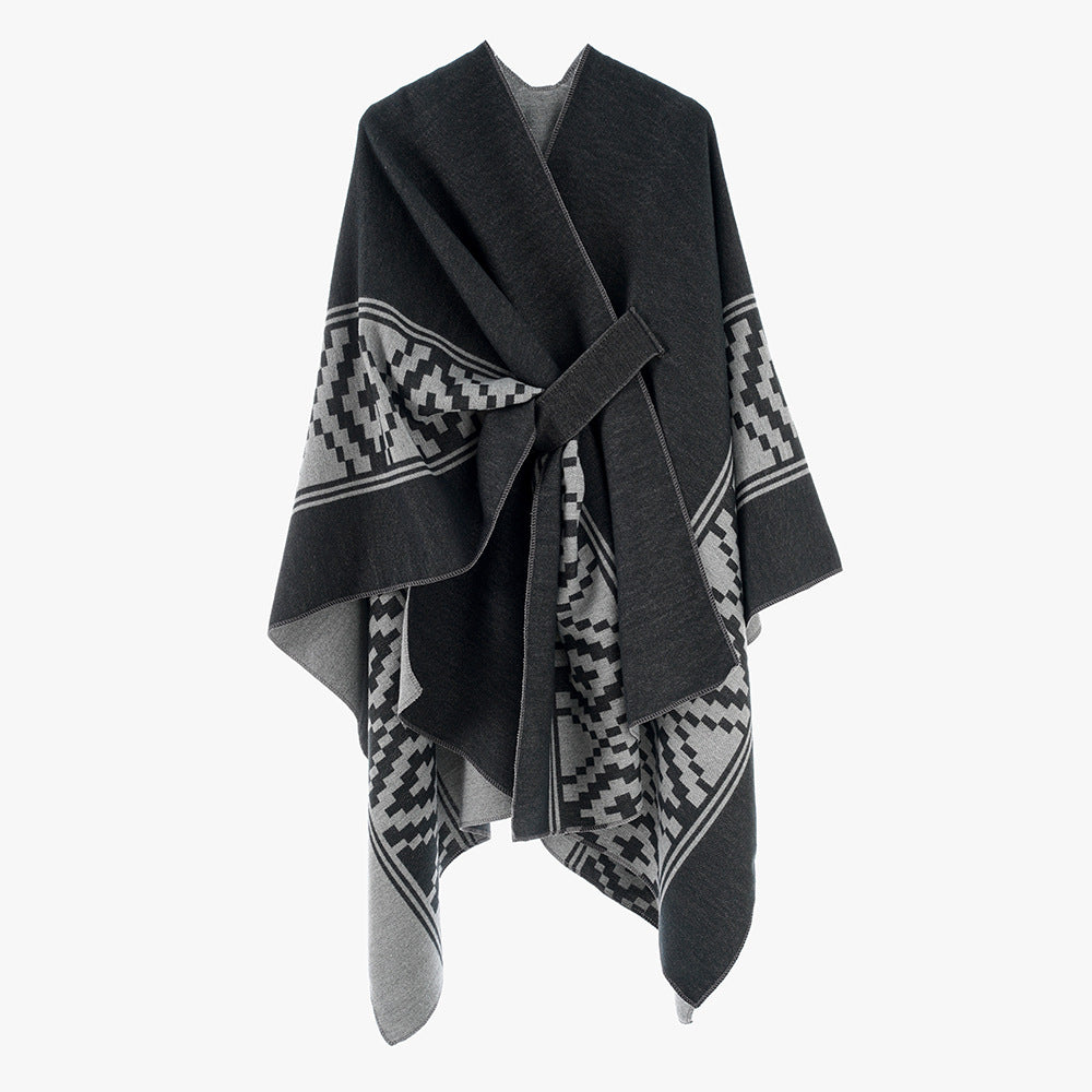 Women's Jacquard Ruana with TIE BELT and geometric pattern Mune Fashion