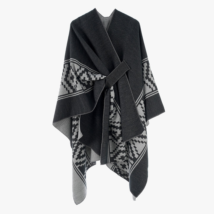 Women's Jacquard Ruana with TIE BELT and geometric pattern Mune Fashion