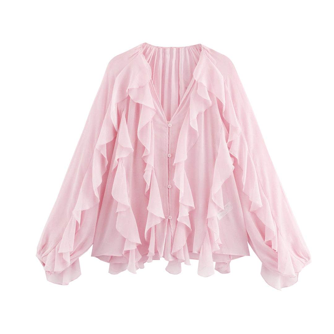 Women's feminine chiffon ruffle blouse with balloon sleeves and V-neck Mune Fashion