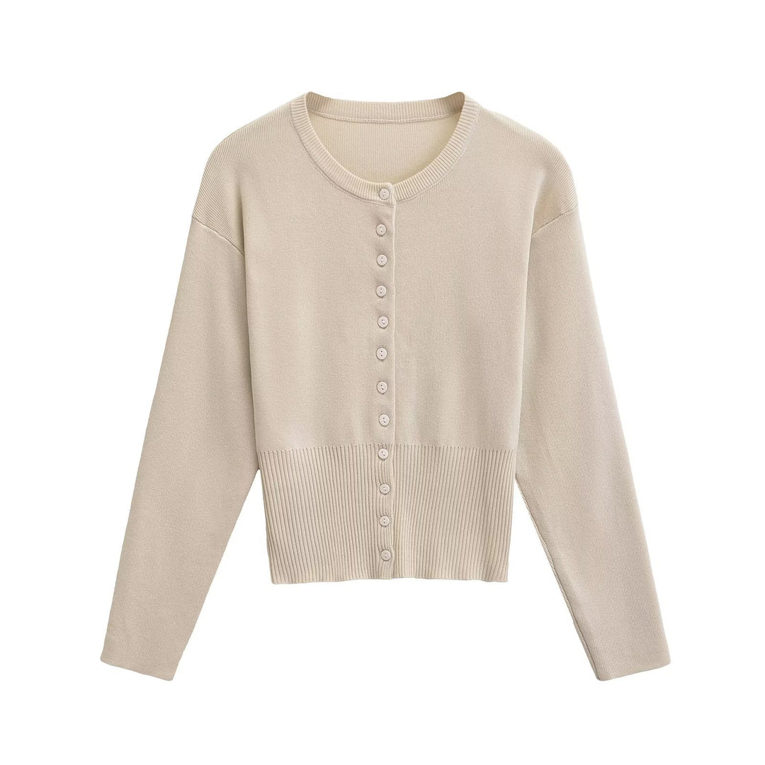 Women's Short Fine Knit Cardigan with Tailored Ribbed Waistband and Continuous Button Placket Mune Fashion