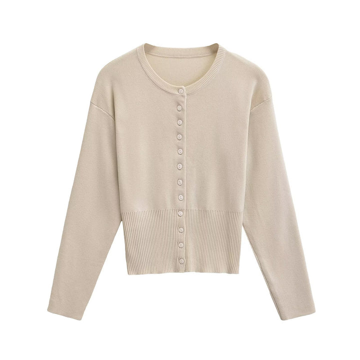 Women's Short Fine Knit Cardigan with Tailored Ribbed Waistband and Continuous Button Placket Mune Fashion