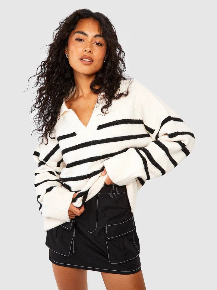 Women's Fashionable Knitted Sweater with V-Neck and Striped Pattern