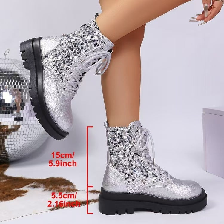 Women's glittering lace-up biker boots with a robust profiled sole and metallic grained surface Mune Fashion