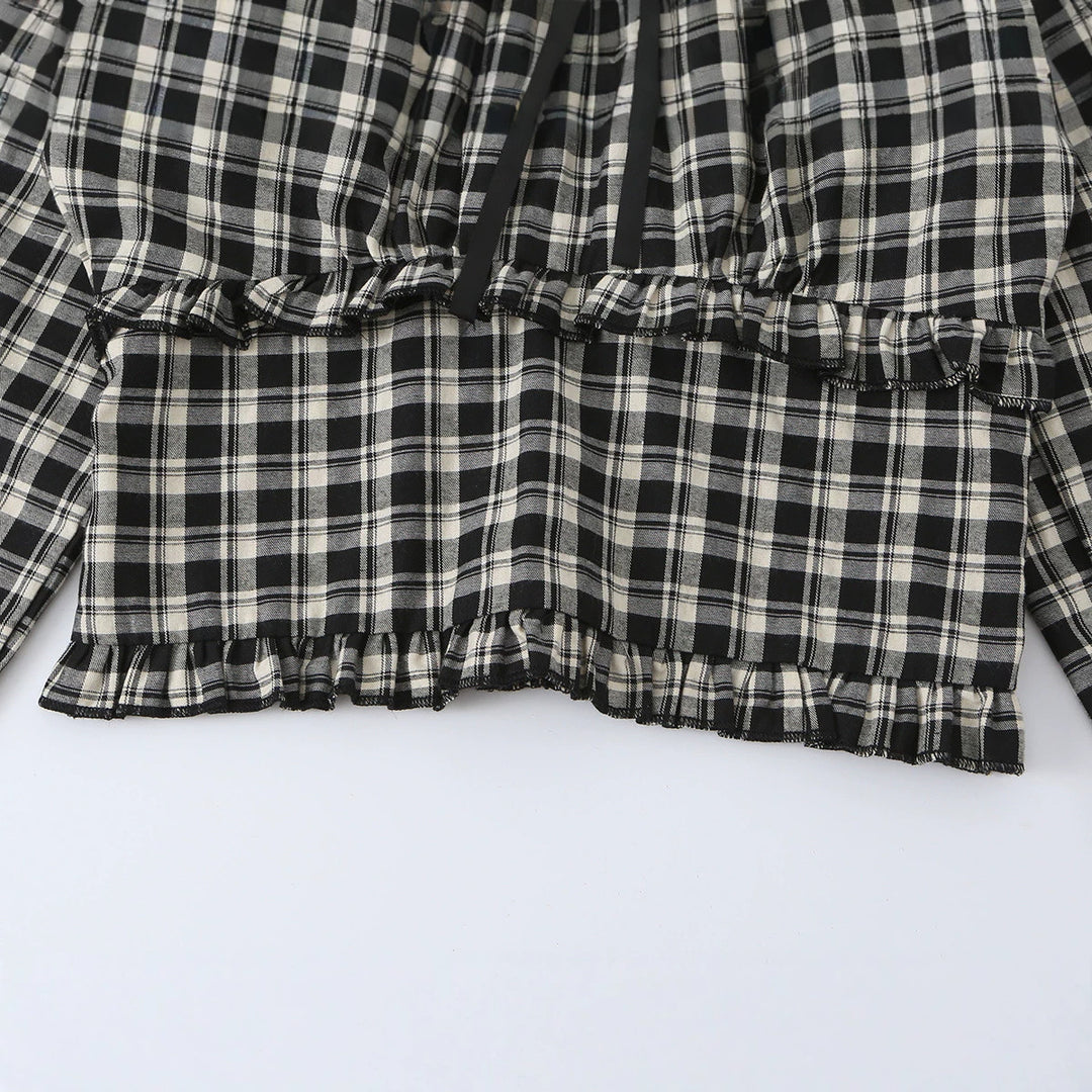 Women's Off-Shoulder Checkered Cropped Top with Lace, Ruffled Waist and Ties