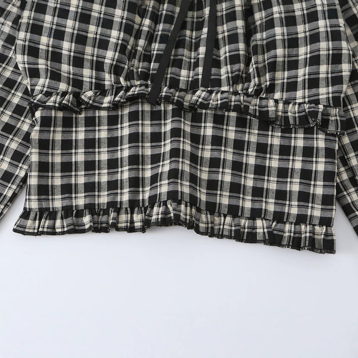 Women's Off-Shoulder Checkered Cropped Top with Lace, Ruffled Waist and Ties