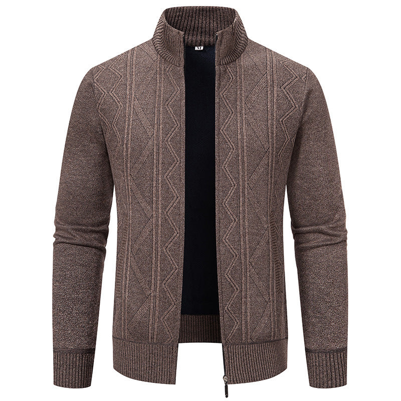Men's knitted zip cardigan with stand-up collar, geometric textured pattern and concealed pockets Mune Fashion