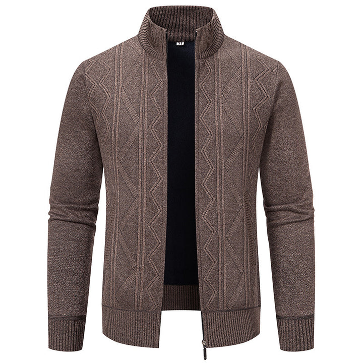 Men's knitted zip cardigan with stand-up collar, geometric textured pattern and concealed pockets Mune Fashion