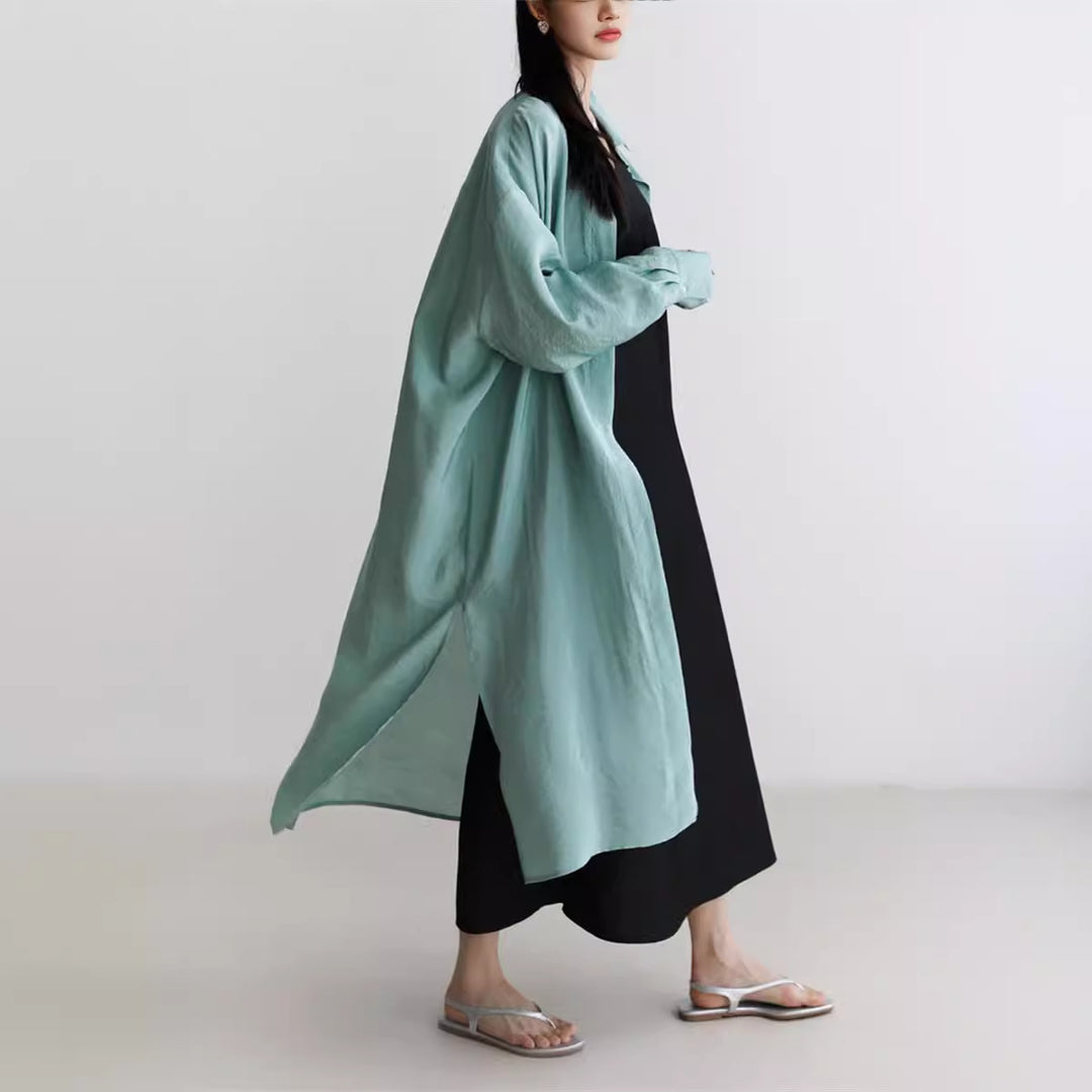 Ladies Long Satin Effect Duster with Stand Collar, Oversized Cut and Deep Side Slits Mune Fashion