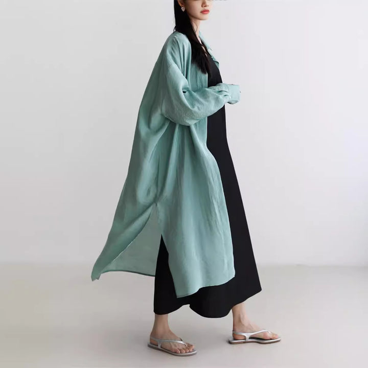 Ladies Long Satin Effect Duster with Stand Collar, Oversized Cut and Deep Side Slits Mune Fashion