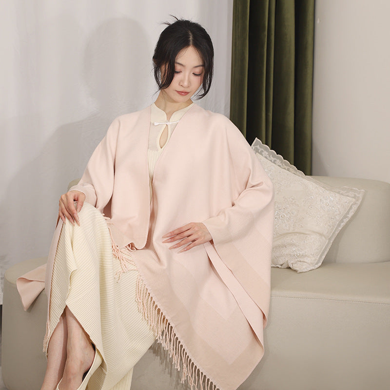 Women's Rectangular Wool Blend Poncho with Open Front, Fine Overlock Stitching and Fringed Hem Mune Fashion