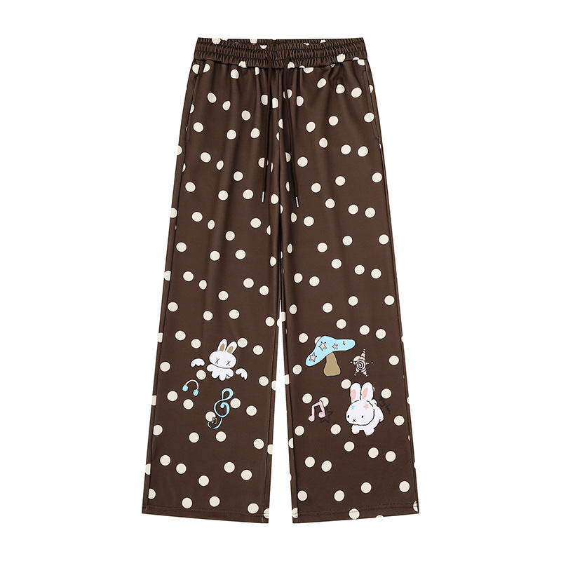 Women Wide Lounge Pants with Comfort Waistband, Polka Dot Allover and Playful Cartoon Print Mune Fashion