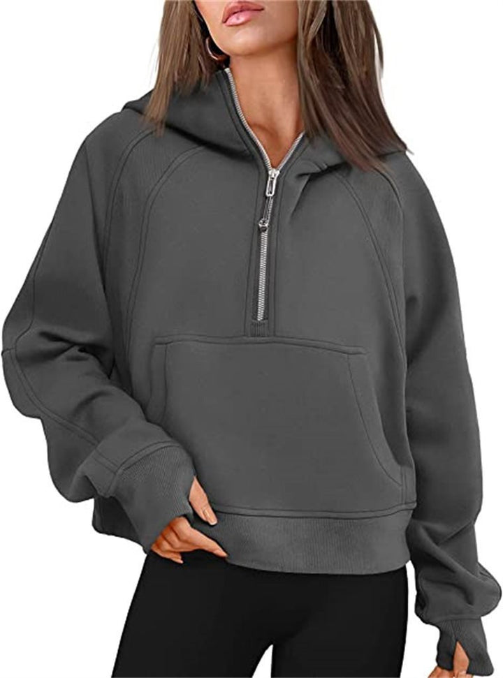Women's short cut hoodie with half zipper and kangaroo pocket Mune Fashion