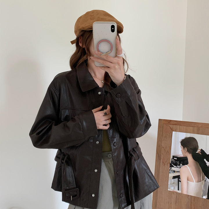 Women's Short Oversized Leather Jacket with Waist Drawstring and Snap Button Placket Mune Fashion