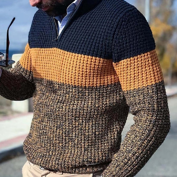 Men's chunky textured knit pullover with half zipper and raglan sleeves Mune Fashion
