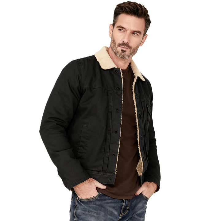 Men's Canvas Trucker Jacket with Teddy Lining and Cord Collar Mune Fashion