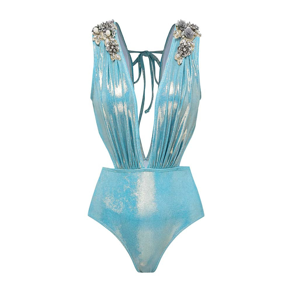 Ladies Luxurious Swimsuit with Off-Shoulder Ruffle Straps and Matching Maxi Skirt Mune Fashion
