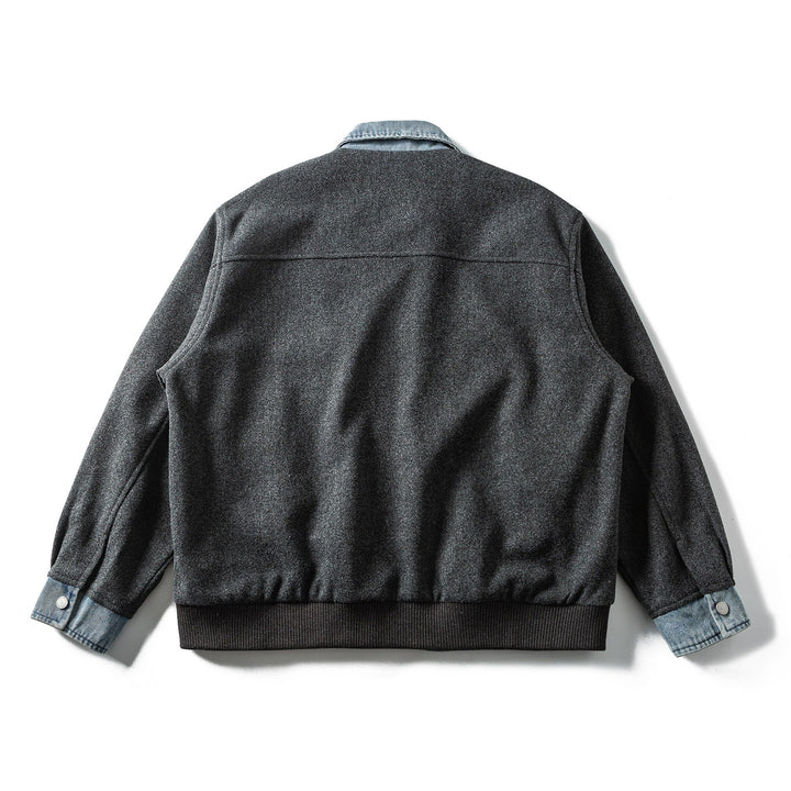 Men's Short Wool Blend Bomber Jacket with Denim Collar and Flap Pockets Mune Fashion