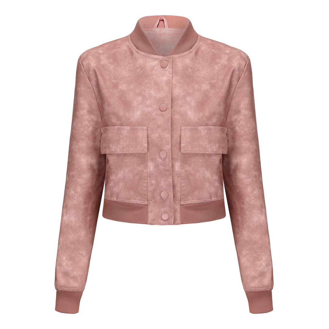 Women's short crop faux leather jacket in blouson style with snap front and flap pockets Mune Fashion
