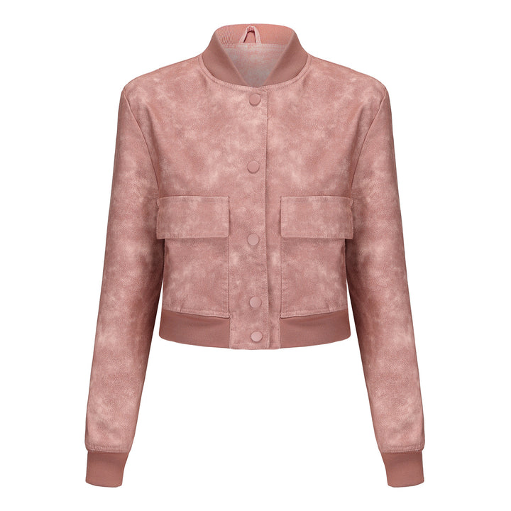 Women's short crop faux leather jacket in blouson style with snap front and flap pockets Mune Fashion