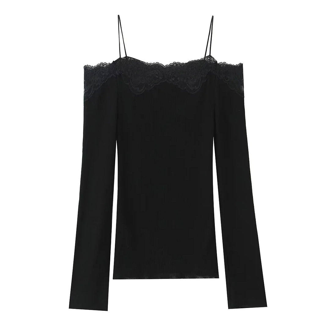 Women's fine-knit top with carmen neckline, spaghetti straps, and lace edge Mune Fashion