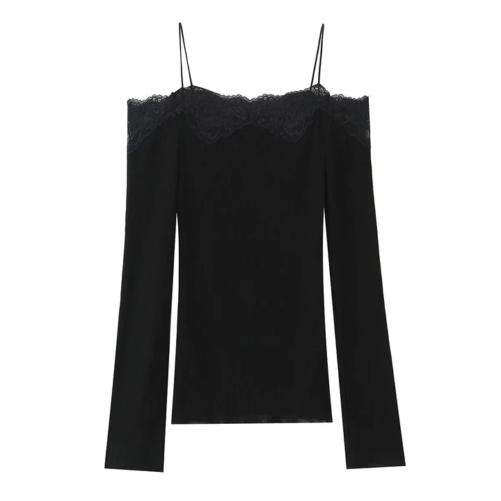 Women's fine-knit top with carmen neckline, spaghetti straps, and lace edge Mune Fashion