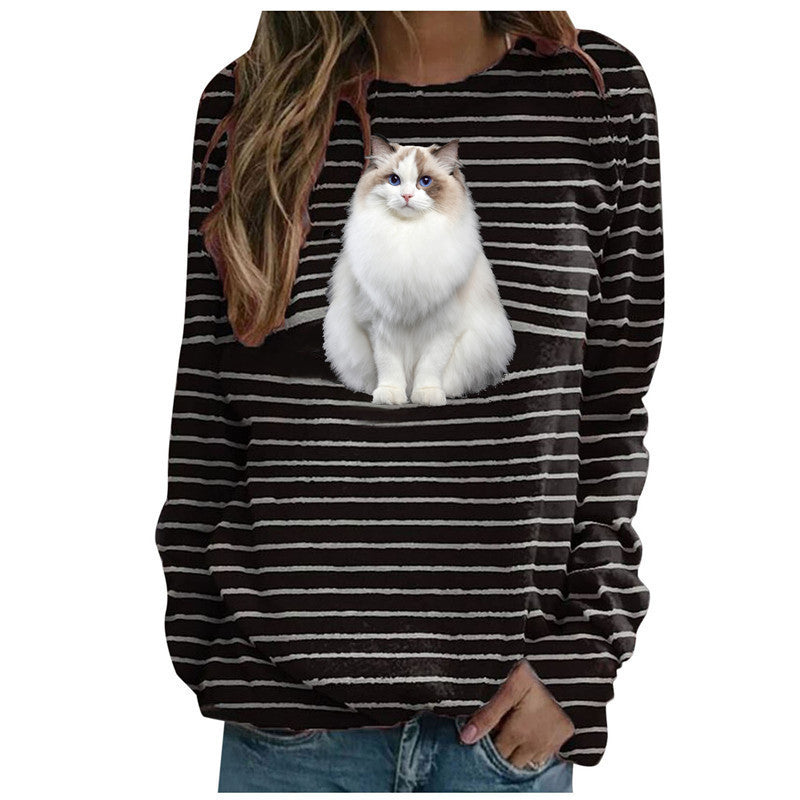 Women's casual striped sweater with photorealistic cat pocket and round neckline Mune Fashion