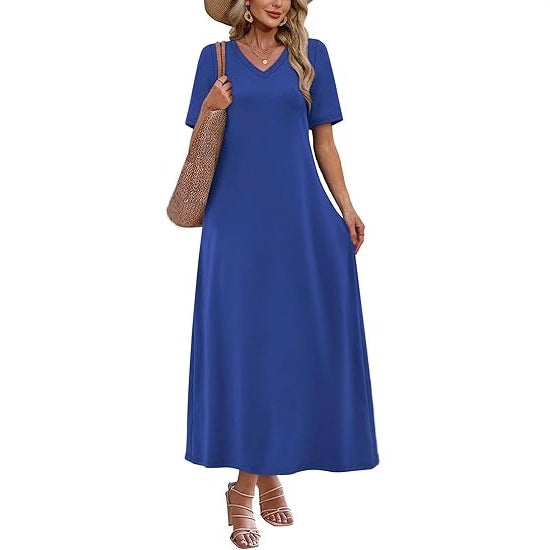 Women's Long A-Line Maxi Dress with V-Neck, Short Sleeves and Side Pockets Mune Fashion