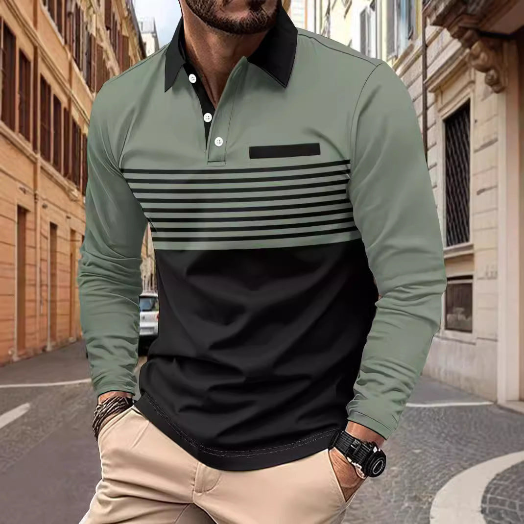Men's long-sleeved polo shirt with contrasting shirt collar, subtle chest piping and fine stripe relief Mune Fashion