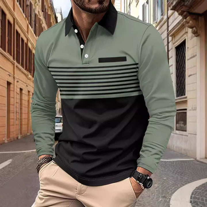 Men's long-sleeved polo shirt with contrasting shirt collar, subtle chest piping and fine stripe relief Mune Fashion