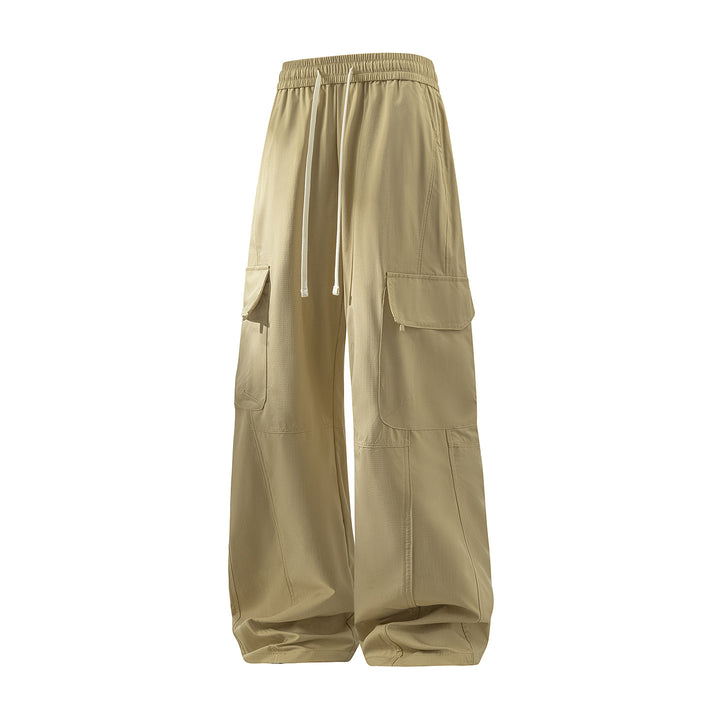 Men's Wide Cargo Pants with Tunnel Drawstring Waist, Utility Flap Pockets & Relaxed Baggy Silhouette Mune Fashion