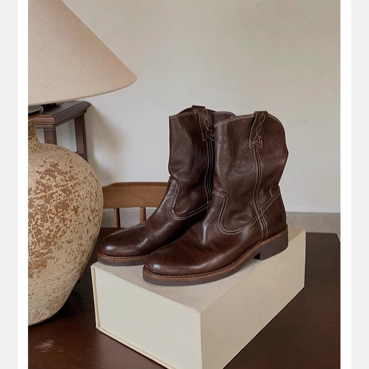 Women's Mid-Calf Western Boots made of Smooth Leather with Low Block Heel Mune Fashion