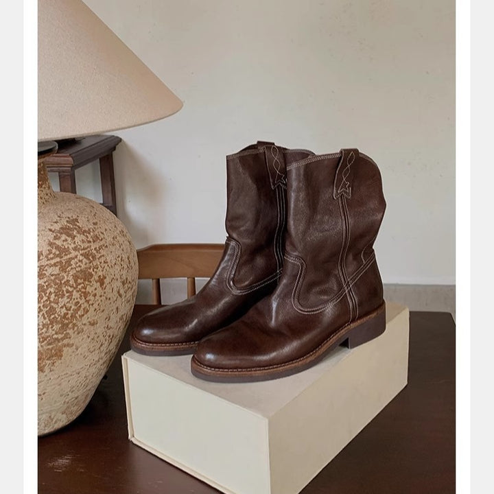Women's Mid-Calf Western Boots made of Smooth Leather with Low Block Heel Mune Fashion