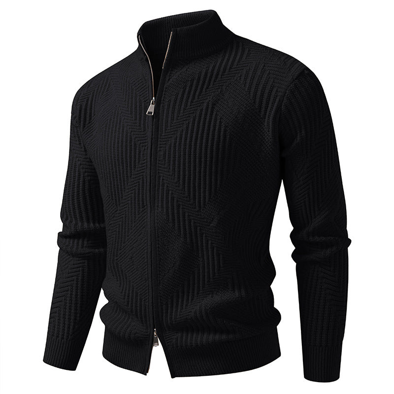 Men's zip cardigan with geometric herringbone knit and stand-up collar Mune Fashion