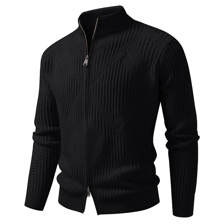 Men's zip cardigan with geometric herringbone knit and stand-up collar Mune Fashion