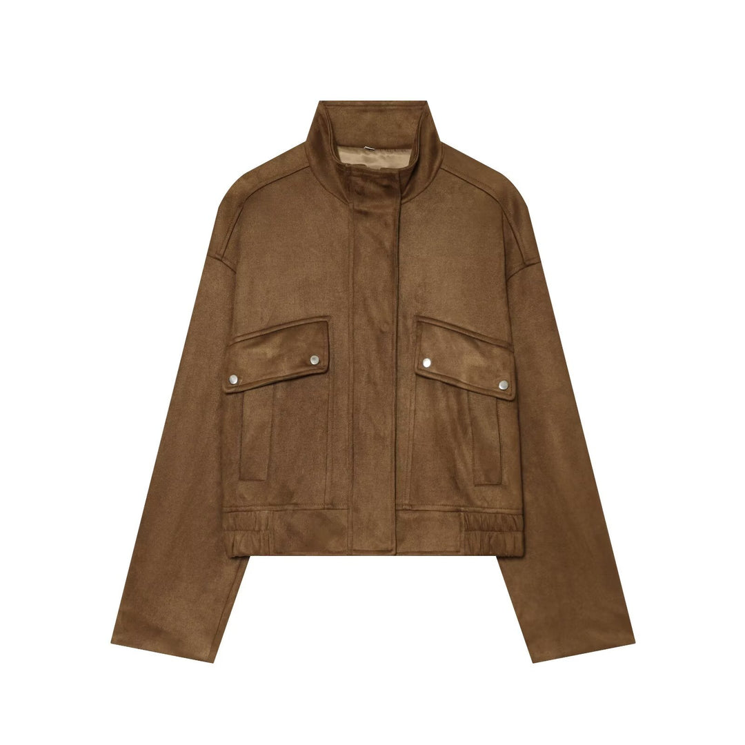 Women Short Boxy Suede Jacket with Stand Collar and Patch Pockets Mune Fashion