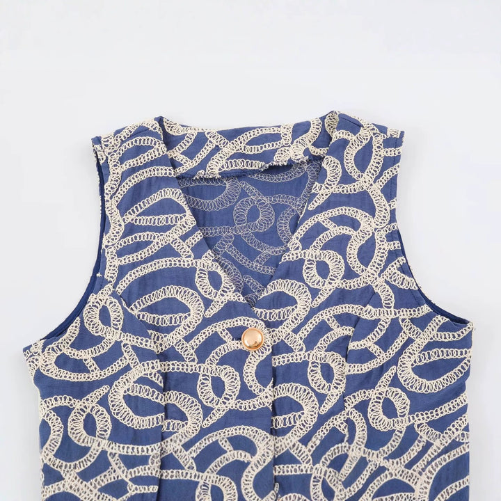Women Tailored Short Vest with V-Neck and Decorative Embroidery Mune Fashion