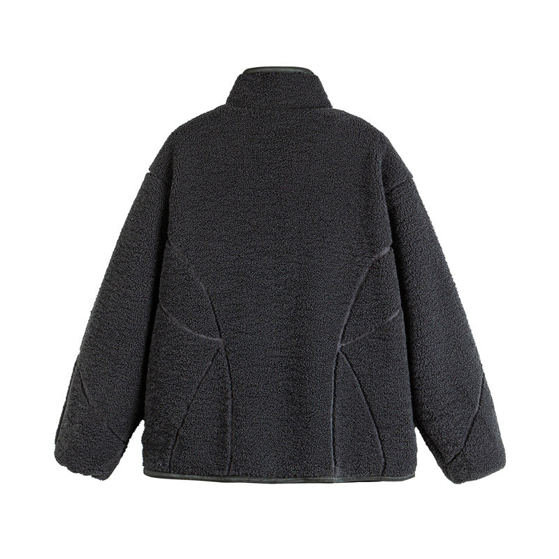 Unisex Teddy-Fleece-Bomber Jacket with Stand Collar and Geometric Seam Design Mune Fashion