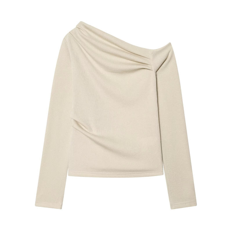 Women Asymmetric Fine Knit Top with Waterfall Collar and Side Gathering Mune Fashion