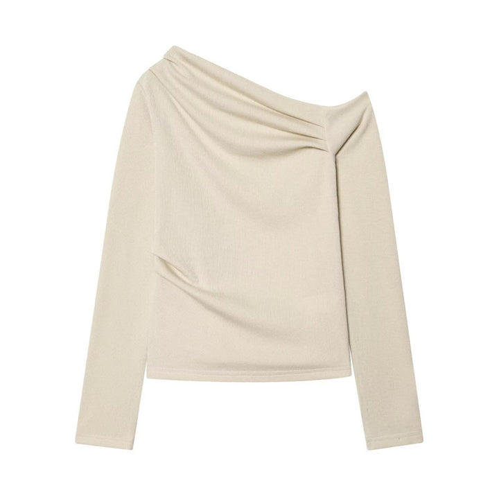 Women Asymmetric Fine Knit Top with Waterfall Collar and Side Gathering Mune Fashion