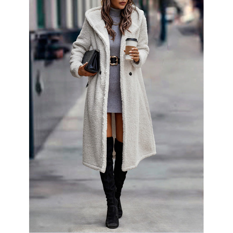 Women's Maxi Length Teddy Coat with Hood and Double Button Placket Mune Fashion