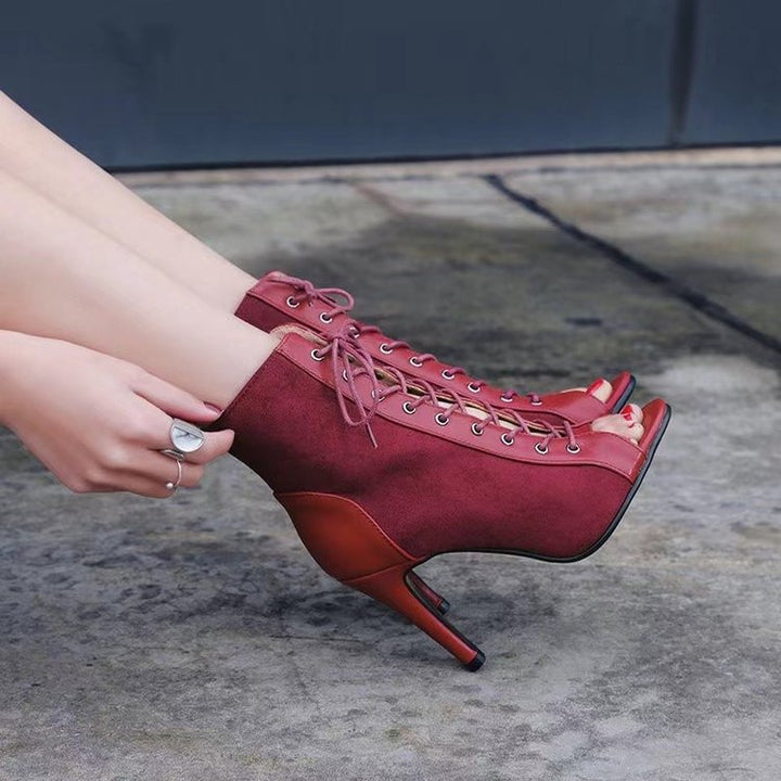 Women's Open-Toe Lace-Up Ankle Boot with Suede Look and Stiletto Heel Mune Fashion