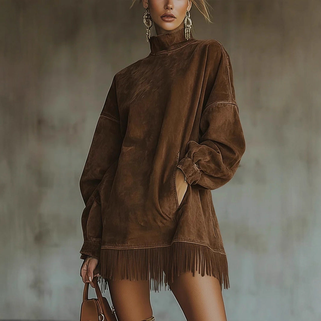 Women's oversized suede-look tunic with stand-up collar and fringes Mune Fashion