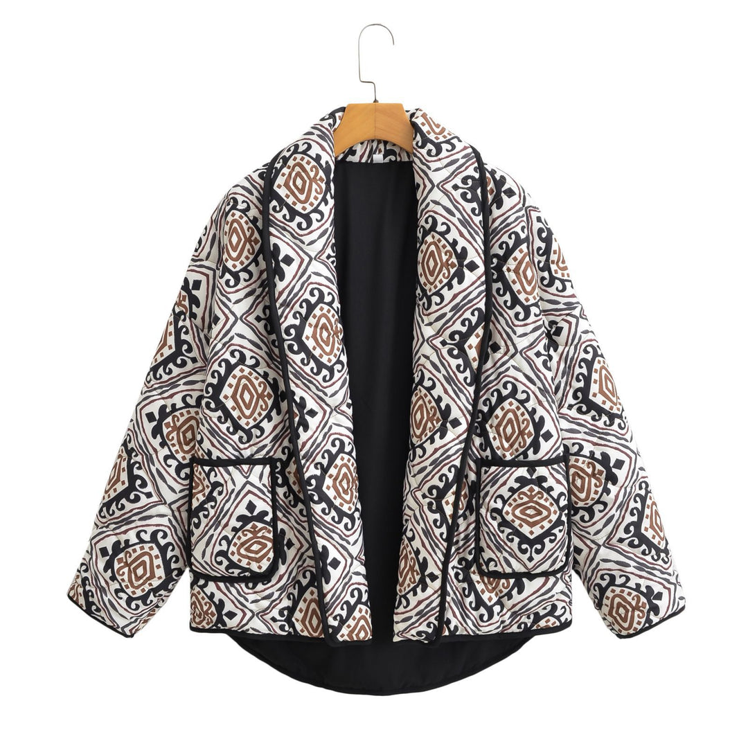 Women's Quilted Kimono Jacket with Waist Belt and Ethno Pattern