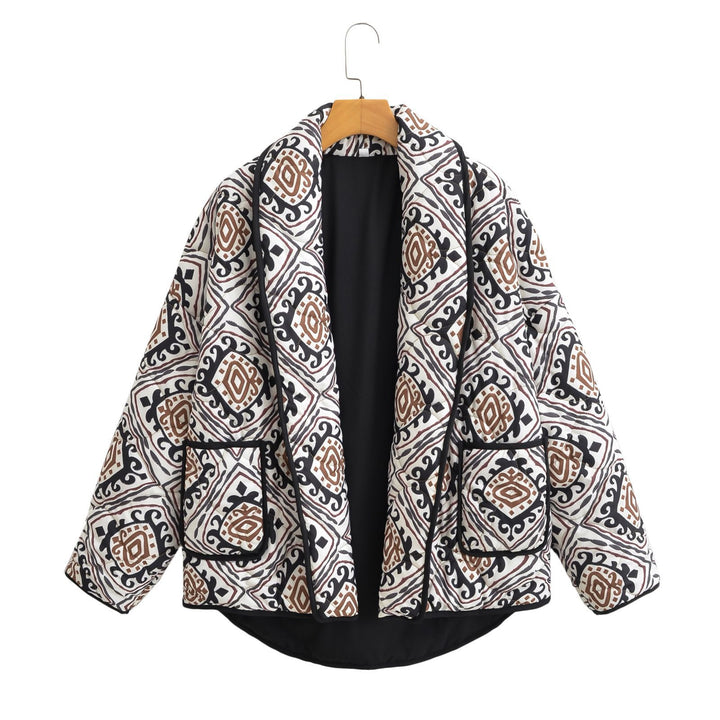 Women's Quilted Kimono Jacket with Waist Belt and Ethno Pattern