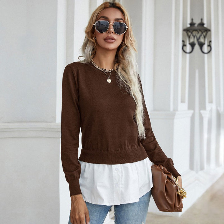 Women’s knitted sweater with integrated blouse trim and double-layer look Mune Fashion