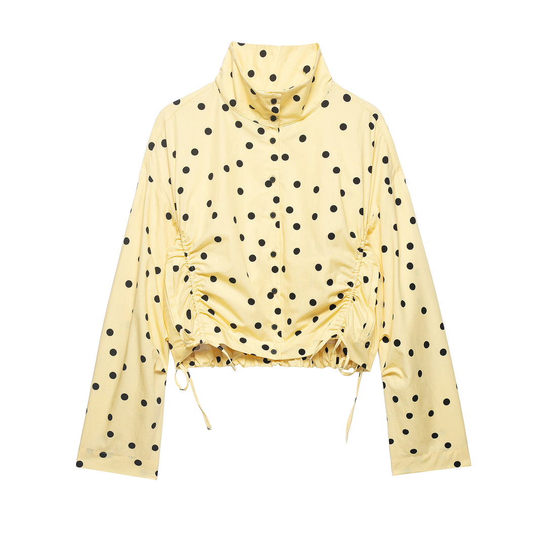Women's Cropped Polka Dot Blouson Jacket with Standing Collar and Drawstring